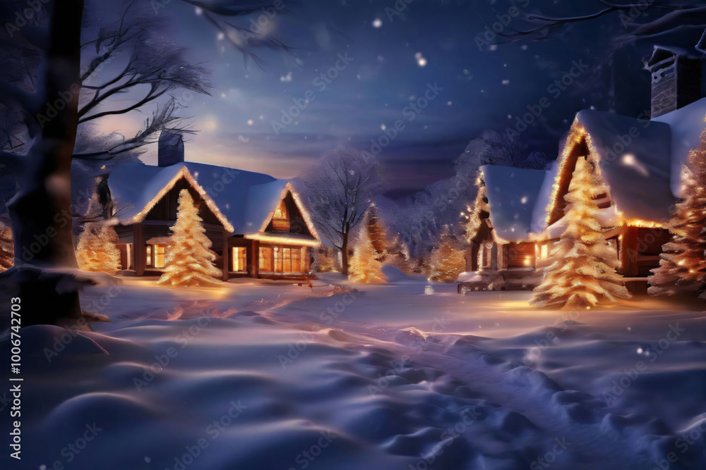 Fototapeta premium Weihnachten Schneefall im Dorf Lichter und Dekoration