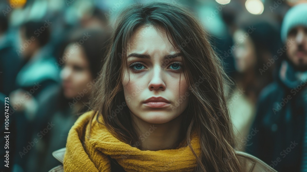 woman standing alone in a crowd looking at camera, her face reflecting deep emotions of anxiety and depression, woman standing alone in a crowd looking at camera, her face reflecting deep emotions of anxiety and depression,