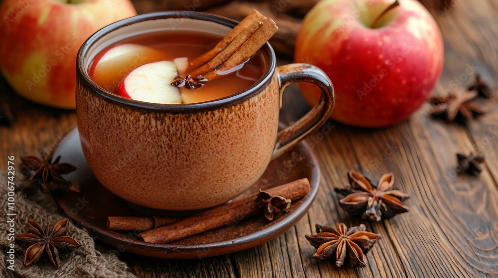 Warm Spiced Apple Cider in Rustic Mug with Cinnamon Sticks and Star Anise - Perfect Autumn Drink Warm Spiced Apple Cider in Rustic Mug with Cinnamon Sticks and Star Anise - Perfect Autumn Drink