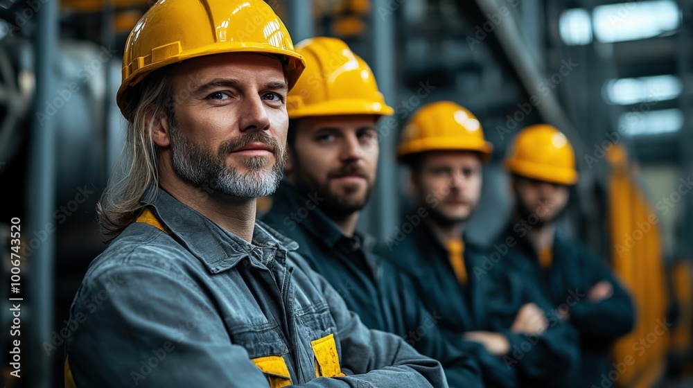 Group of industrial workers wearing safety helmets and uniforms stand confidently in a factory setting, showcasing teamwork and dedication to their craft during daylight hours Group of industrial workers wearing safety helmets and uniforms stand confidently in a factory setting, showcasing teamwork and dedication to their craft during daylight hours