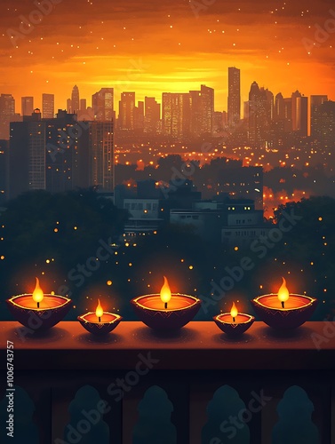 Diwali Diyas Arranged on a Balcony Railing with Night City Skyline