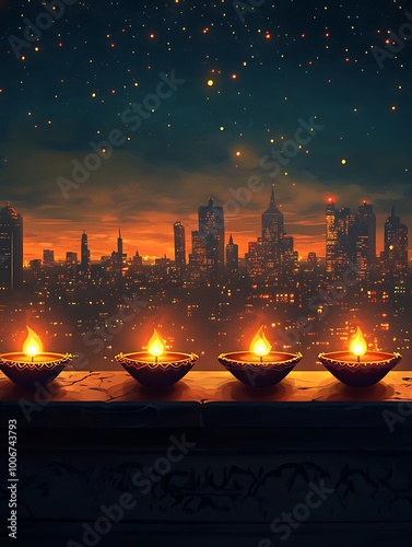 Diwali Diyas Arranged on a Balcony Railing with Night City Skyline