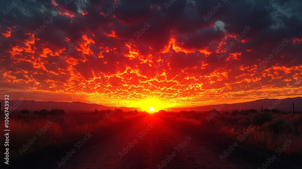 Fiery sunset with dramatic clouds over a field. Amazing fiery sky at golden hour.