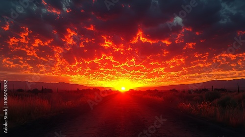 Fiery sunset with dramatic clouds over a field. Amazing fiery sky at golden hour.