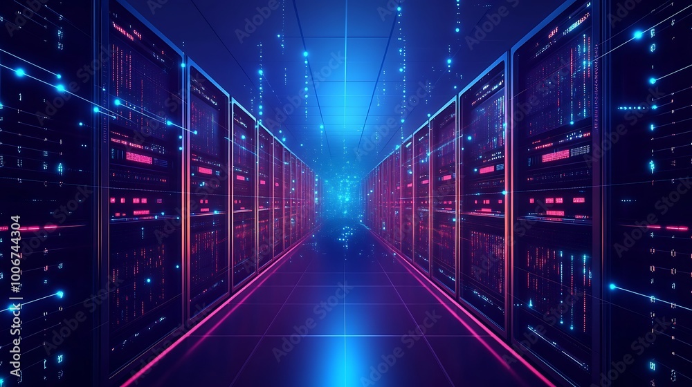 Fototapeta premium Rows of servers in a data center with glowing blue and pink lights and digital code streaming down the hallway.