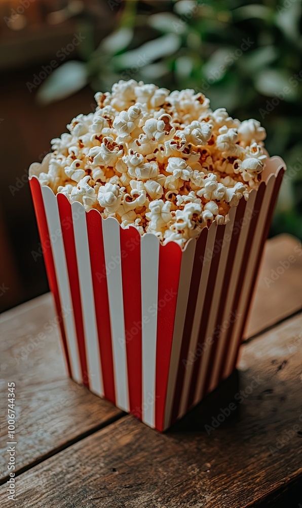 A red and white striped popcorn box overflowing with popcorn on a rustic wooden table. A red and white striped popcorn box overflowing with popcorn on a rustic wooden table.