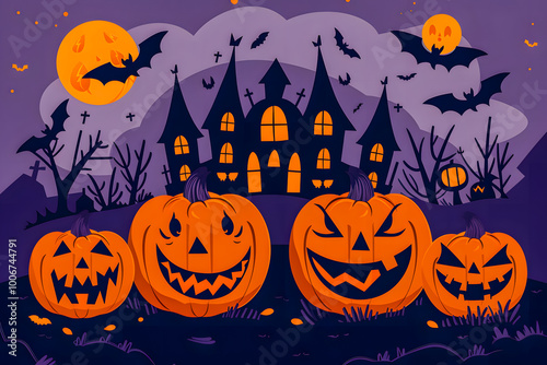 Illustration Jack o' Lantern and castle silhouette at night, perfect for Halloween greetings or special Halloween sales promotions. Sale banner concept