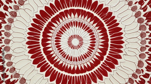 Wallpaper Mural Circular mandala-style patterns in deep red and white, radiating from the center of each tile to form a symmetrical design. Torontodigital.ca