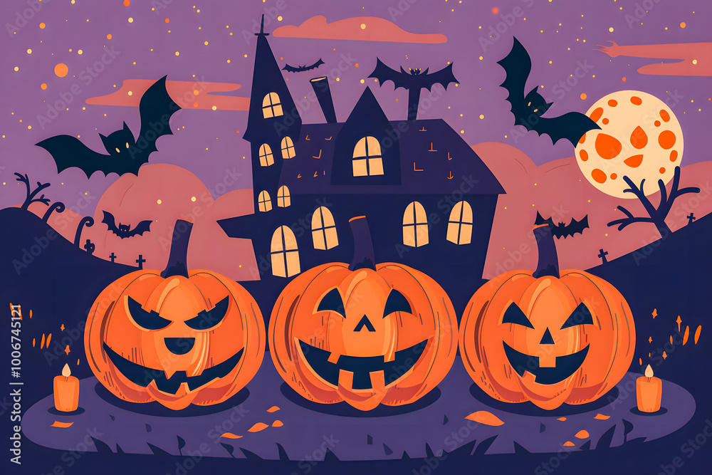 Illustration Jack o' Lantern and castle silhouette at night, perfect for Halloween greetings or special Halloween sales promotions. Sale banner concept Illustration Jack o' Lantern and castle silhouette at night, perfect for Halloween greetings or special Halloween sales promotions. Sale banner concept