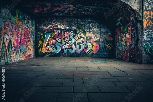 Colorful graffiti art displayed on a dark seamless background for striking visual impact