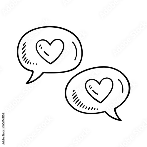 Hand-drawn speech bubbles with hearts for love and communication concepts