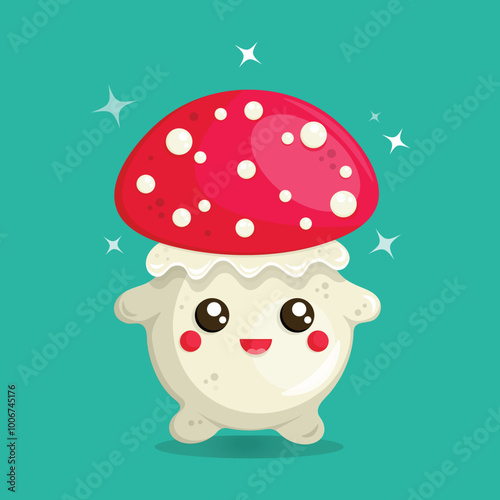 Cute small mushroom on green background. Fly agaric. Vector illustration. 