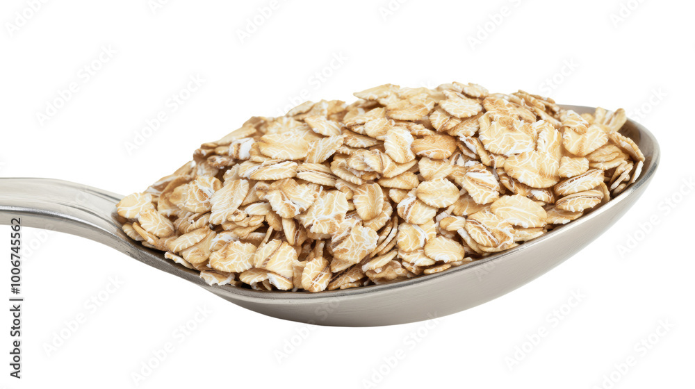 A spoonful of raw rolled oats, isolated on a white background. Perfect for breakfast recipes, healthy snacks, and diet-friendly meals. A spoonful of raw rolled oats, isolated on a white background. Perfect for breakfast recipes, healthy snacks, and diet-friendly meals.