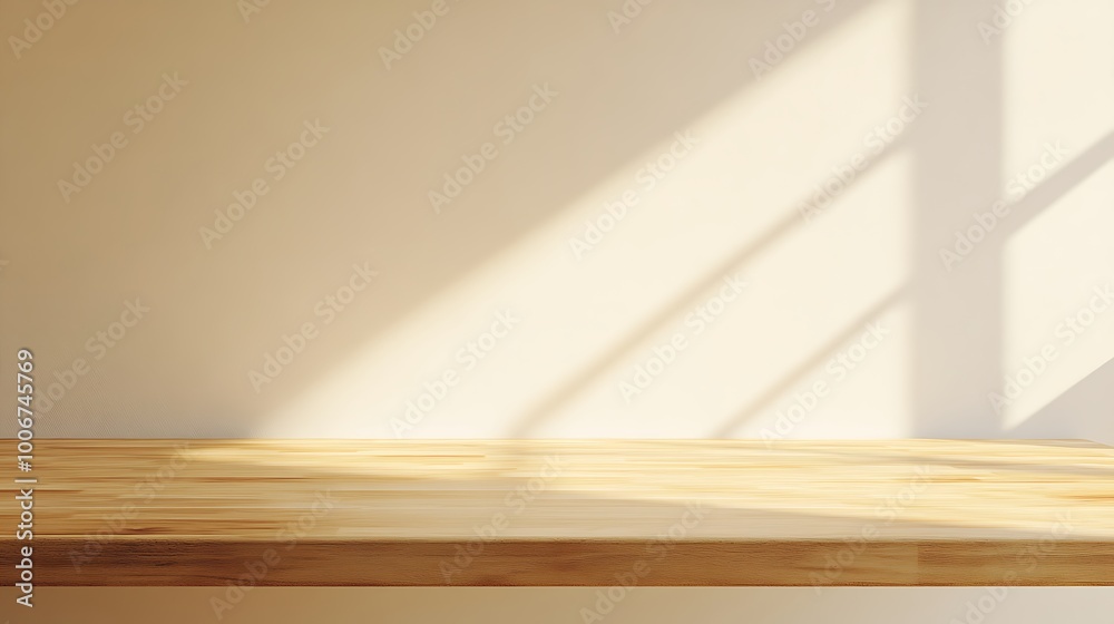 Wooden Tabletop with Sunlight and Window Shadow on Beige Wall