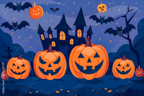 Illustration Jack o' Lantern and castle silhouette at night, perfect for Halloween greetings or special Halloween sales promotions. Sale banner concept