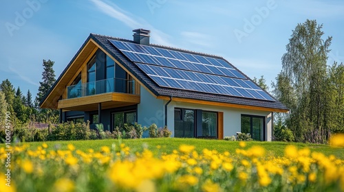 Modern sustainable home with solar panels in sunny rural landscape with yellow flowers