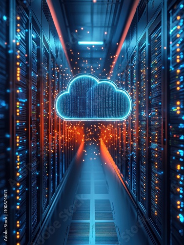 Data center with illuminated cloud storage icon amidst server racks during nighttime showcasing advanced technology and digital transformation
