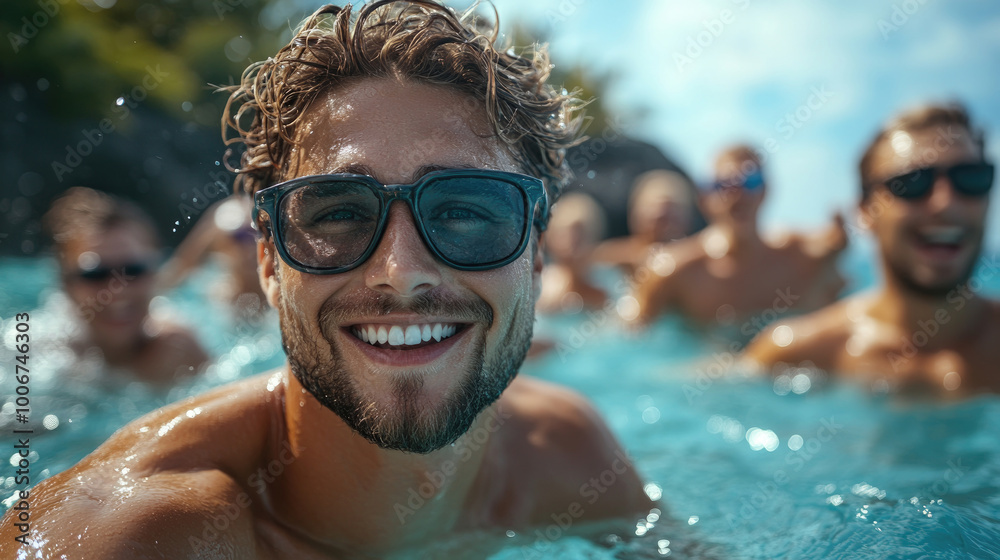Fototapeta premium A group of friends swim and laugh together in a bright, sunny pool, creating joyful memories during a summer celebration