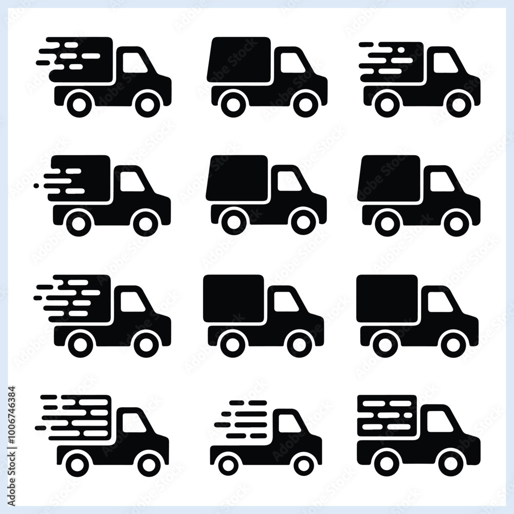 Black Delivery Truck icon, delivery truck silhouette set, Fast free shipping truck vector illustration, Moving truck and car logo doodles
Black Delivery Truck icon, delivery truck silhouette set, Fast free shipping truck vector illustration, Moving truck and car logo doodles
