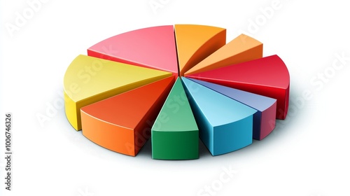 A 3D pie chart with brightly colored segments representing various data categories, set against a white backdrop.