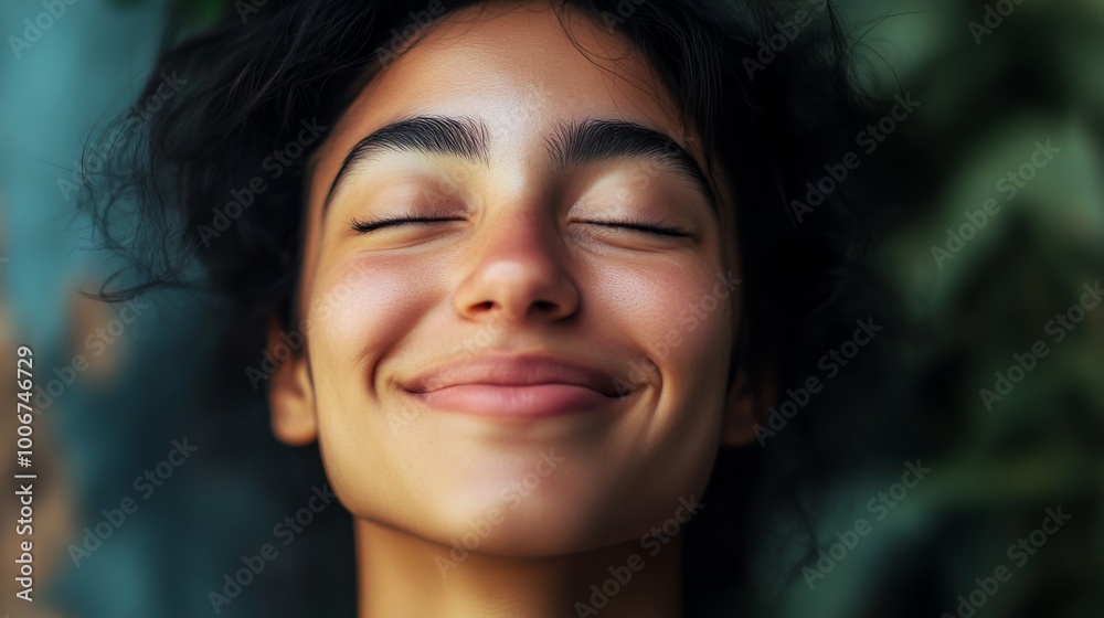 A young woman with curly hair smiling joyfully in a lush garden during daylight, exuding warmth and positivity amidst vibrant green foliage and a serene environment A young woman with curly hair smiling joyfully in a lush garden during daylight, exuding warmth and positivity amidst vibrant green foliage and a serene environment