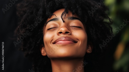 A young woman with curly hair smiles blissfully while enjoying a moment of joy in a green outdoor setting during daylight, capturing the essence of happiness and serenity