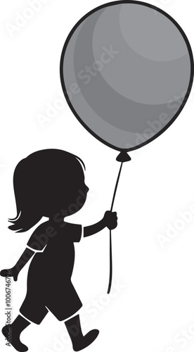 Innocent Joyful Child Walking Silhouette Holding Balloon on White Background for Simple and Vector-Friendly Designs