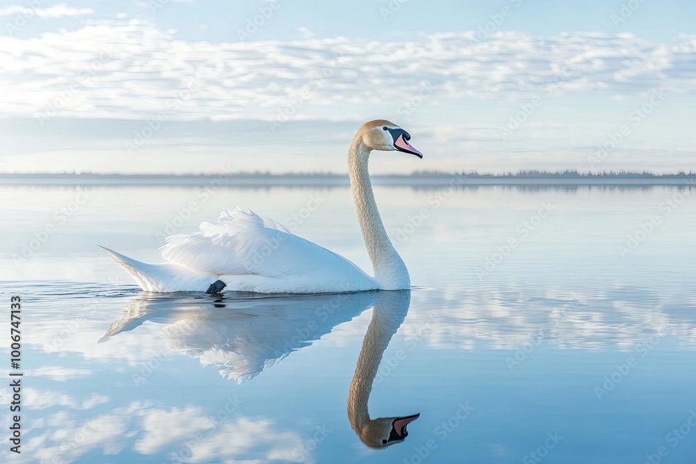 Fototapeta premium A single swan gracefully glides through the calm waters of a lake, its white plumage reflecting the blue sky and fluffy clouds.