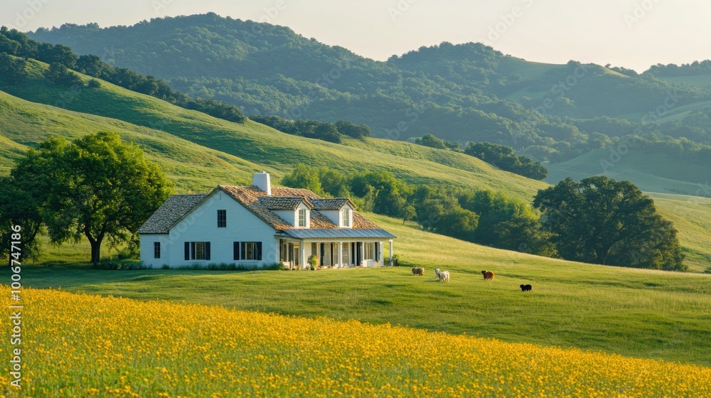 Obraz premium Serene country house in lush green valley with grazing cattle, surrounded by rolling hills