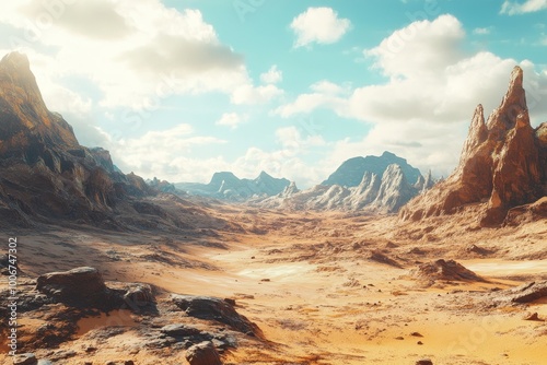 Breathtaking wide angle view of an alien desert planet with canyons and unique rock formations