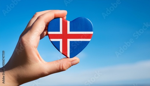 手で持っているアイスランドの国旗のハートと青空(Heart of Icelandic flag held in hand and blue sky.)
