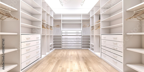 Beautiful large bright dressing room in a luxury house with white background