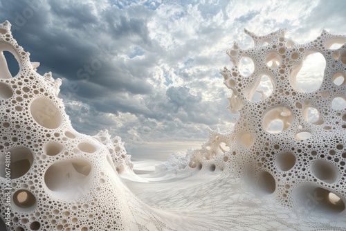 Surreal 3d fractal landscape with intricate coral like structures beneath a cloudy sky photo