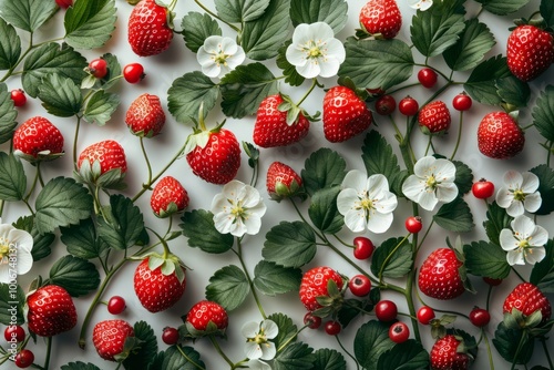 Wild forest red ripe strawberry! Wild Strawberry on white background. Wild forest strawberry. Forest Strawberry on Bush. Wild strawberry vines. Wild Strawberry pattern. Strawberry flower! photo