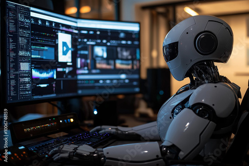 A humanoid robot is using a video editing program on a large computer screen