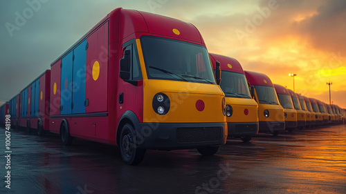 A fleet of brightly painted delivery trucks is arranged in a parking area as the sun sets, casting a warm glow over the colorful vehicles