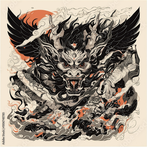 Japanese dragon surrounded by koi fish and clouds