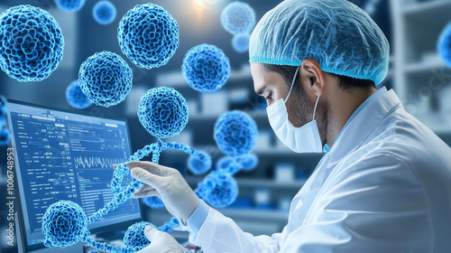 Dedicated scientist analyzing DNA sequences on advanced digital display for groundbreaking cancer research. Innovative laboratory equipment and detailed medical charts support complex genetic studies