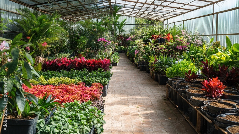 Obraz premium Lush Greenhouse Filled with Vibrant Flowering Plants