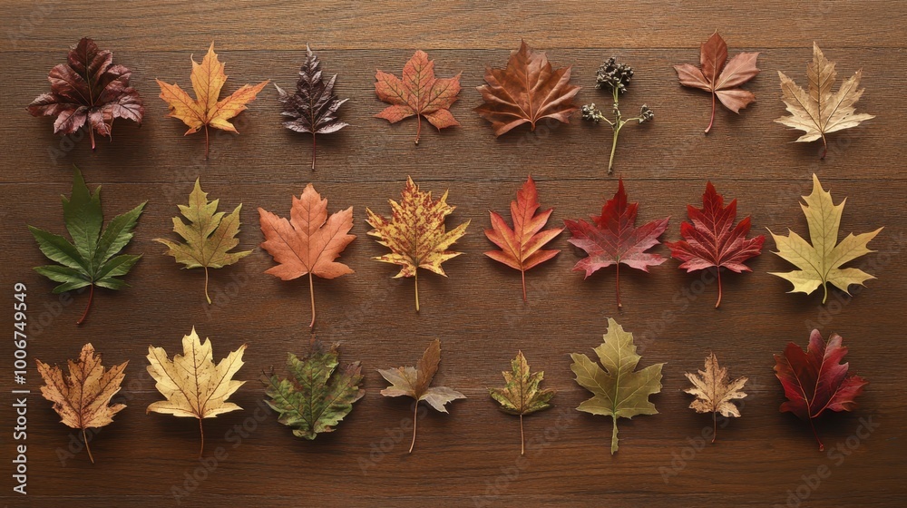 Fototapeta premium Artistic Arrangement of Autumn Leaves on Wooden Surface