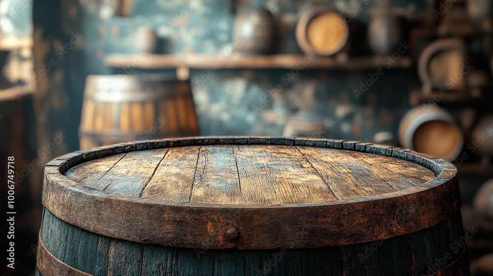 Fototapeta premium Background featuring a worn barrel and old wooden table, creating a rustic and antique atmosphere. 
