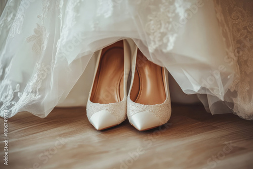 Wallpaper Mural Elegant white bridal heels peeking out from under the delicate lace of a wedding dress in a softly lit bridal suite during morning preparations Torontodigital.ca
