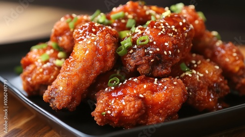 Spicy and savory Korean fried chicken, drizzled with soy sauce and served on a stylish black plate, making for a tempting and delicious dish.