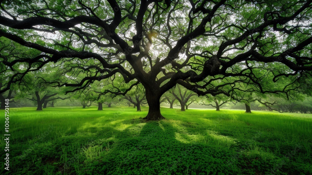 Majestic Oak Tree in a Verdant Meadow Majestic Oak Tree in a Verdant Meadow