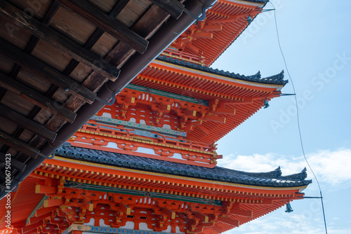 Sanjunoto pagoda detail in Kiyomizu deraTemple, Kyoto Japan, blue sky photo