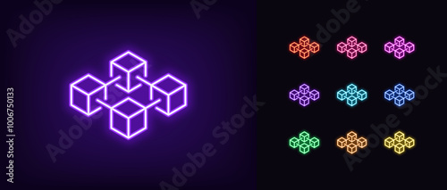 Outline neon block chain icon set. Glowing neon blockchain architecture, cube blocks structure with connections. Smart blockchain technology integration, encryption data, digital storage. Vector icons