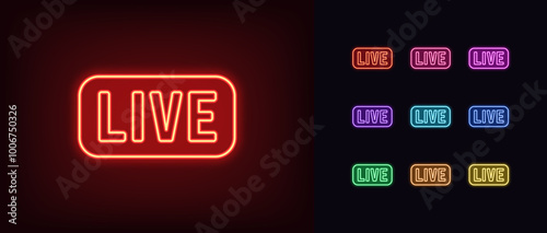 Outline neon Live text icon set. Glowing neon Live tag with frame. Livestream sport game, live play. Music radio on air, live broadcast interview. News and tv show on air, live podcast. Vector icons