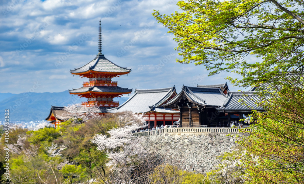 Kiyomizu deraTemple and Sanjunoto pagoda in the Spring season, cherry blossoms and cloudy sky, Japan Kyoto Kiyomizu deraTemple and Sanjunoto pagoda in the Spring season, cherry blossoms and cloudy sky, Japan Kyoto
