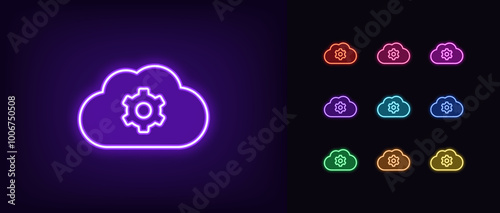 Outline neon cloud settings, icon set. Glowing neon cloud storage with gear sign, datacenter maintenance. Customize cloud space, data backup and security settings update, network control. Vector icons