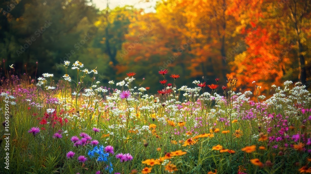 Fototapeta premium Autumn Wildflower Field with Colorful Trees